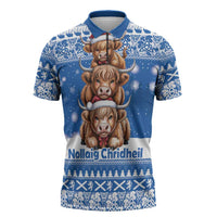 Scotland Highland Cow Christmas Zipper Polo Shirt Nollaig Chridheil Blue Winter - Wonder Print Shop