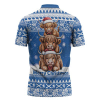 Scotland Highland Cow Christmas Zipper Polo Shirt Nollaig Chridheil Blue Winter - Wonder Print Shop