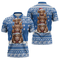 Scotland Highland Cow Christmas Zipper Polo Shirt Nollaig Chridheil Blue Winter - Wonder Print Shop