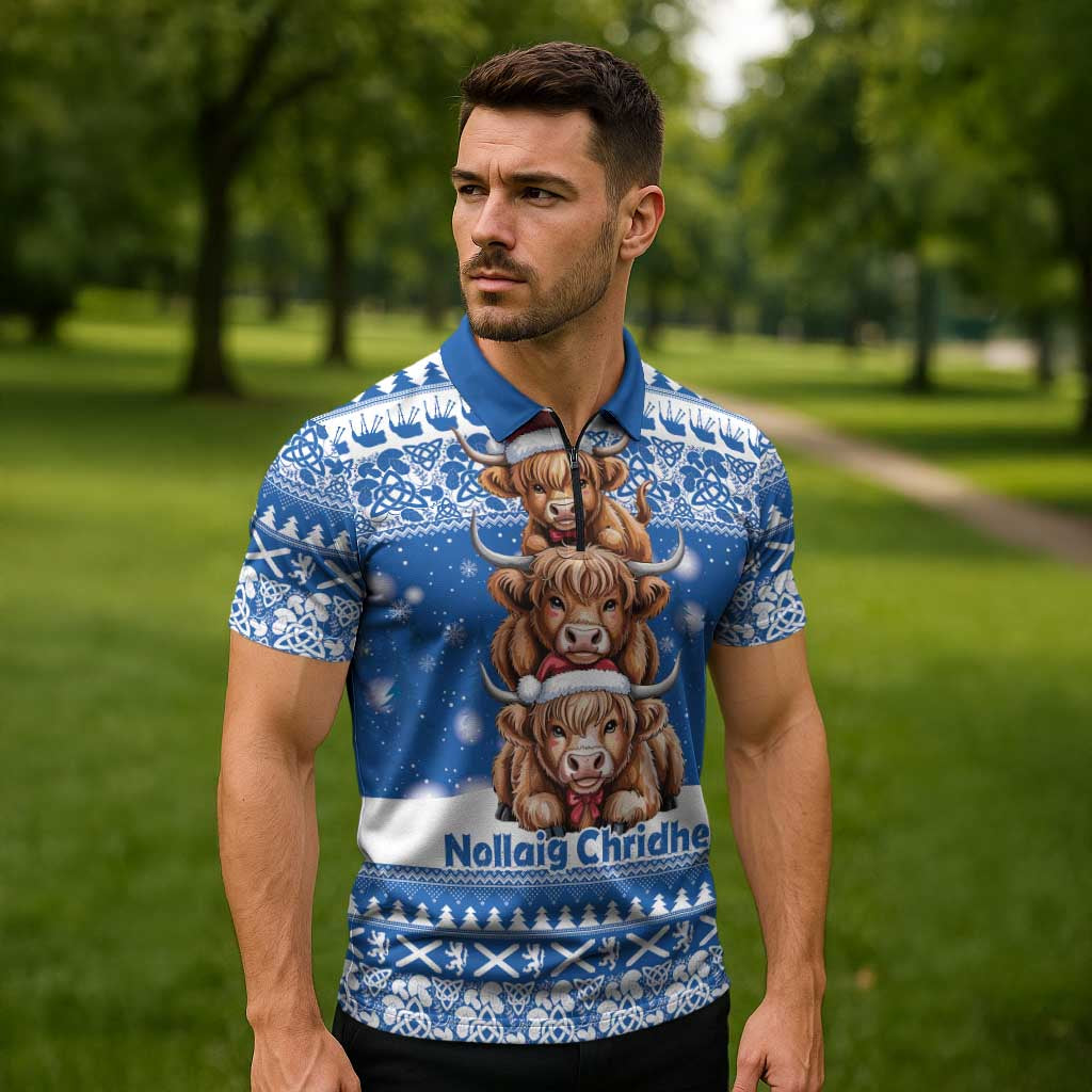 Scotland Highland Cow Christmas Zipper Polo Shirt Nollaig Chridheil Blue Winter - Wonder Print Shop