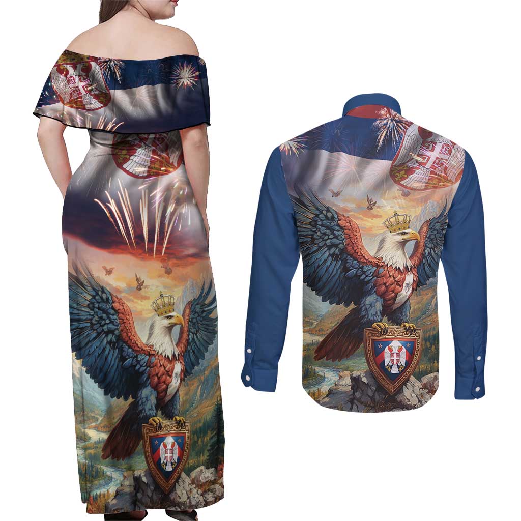 Serbia Eagle Statehood Day Couples Matching Off Shoulder Maxi Dress and Long Sleeve Button Shirt Only Unity Saves The Serbs - Wonder Print Shop