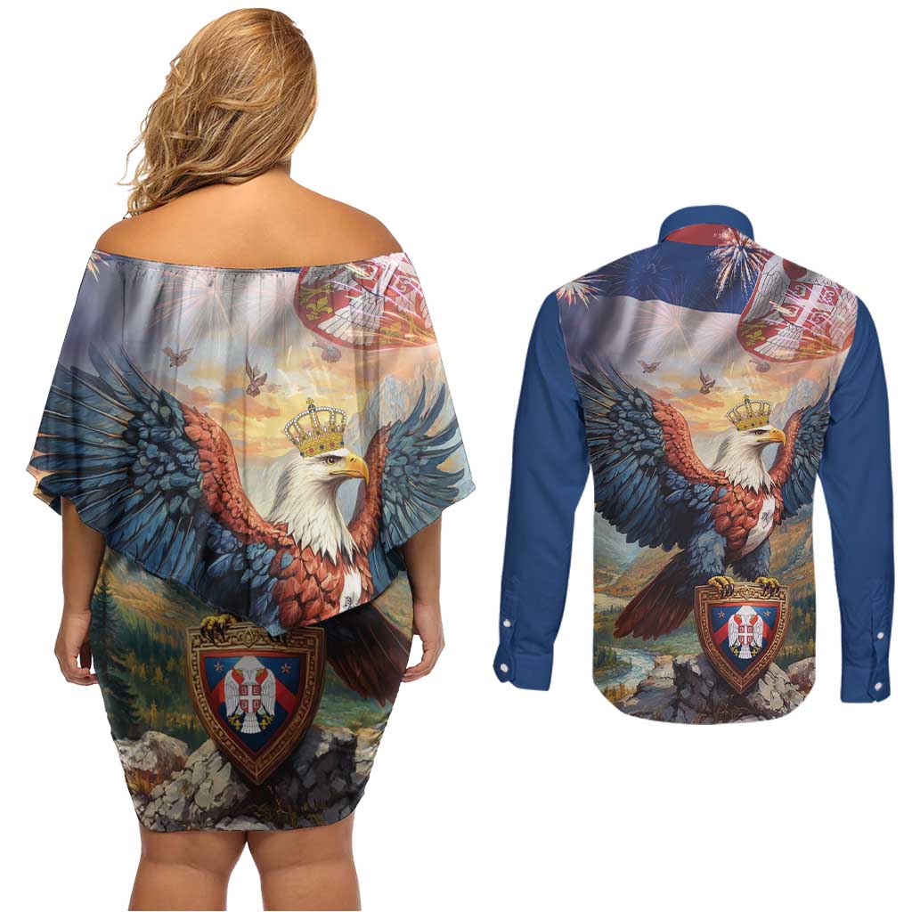 Serbia Eagle Statehood Day Couples Matching Off Shoulder Short Dress and Long Sleeve Button Shirt Only Unity Saves The Serbs - Wonder Print Shop