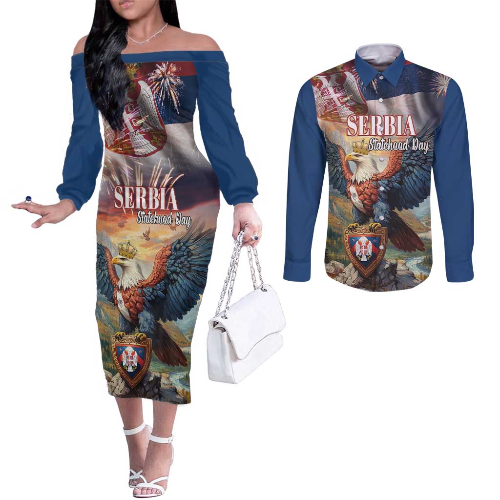 Serbia Eagle Statehood Day Couples Matching Off The Shoulder Long Sleeve Dress and Long Sleeve Button Shirt Only Unity Saves The Serbs