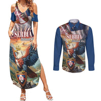 Serbia Eagle Statehood Day Couples Matching Summer Maxi Dress and Long Sleeve Button Shirt Only Unity Saves The Serbs - Wonder Print Shop