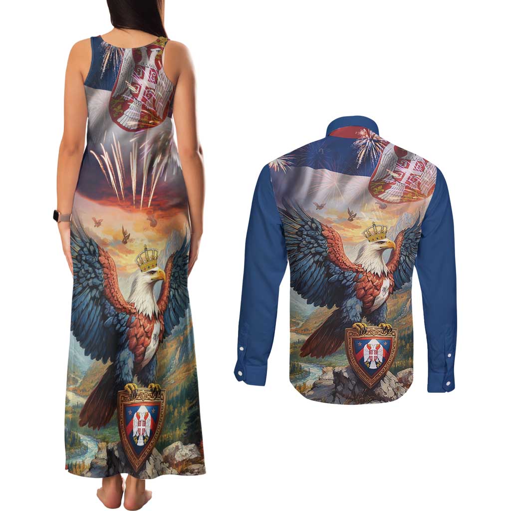 Serbia Eagle Statehood Day Couples Matching Tank Maxi Dress and Long Sleeve Button Shirt Only Unity Saves The Serbs - Wonder Print Shop