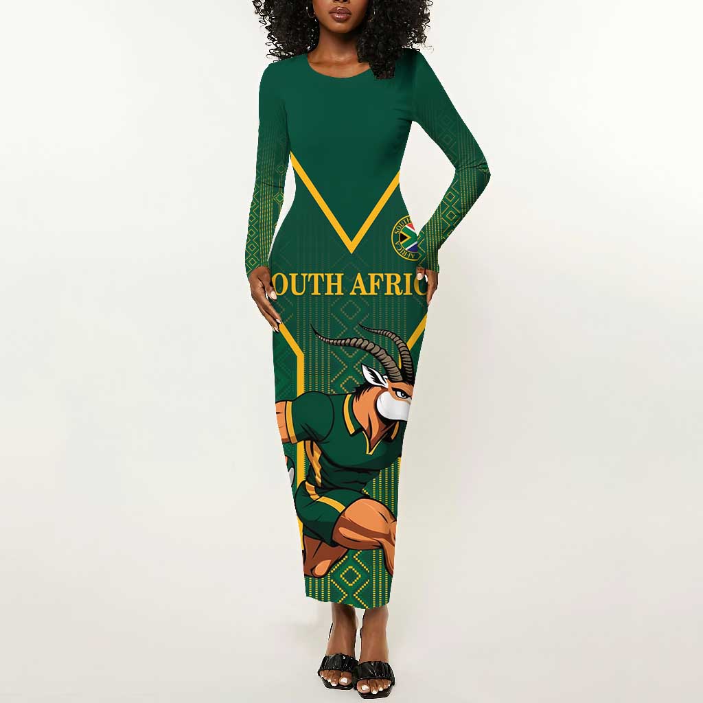 Custom South Africa Rugby Long Sleeve Bodycon Dress Go Springboks - Wonder Print Shop