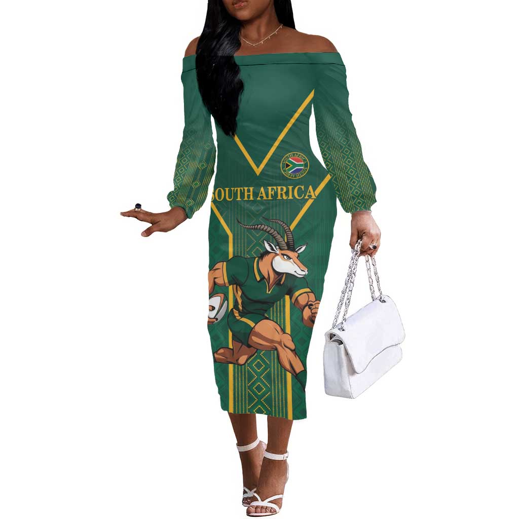Custom South Africa Rugby Off The Shoulder Long Sleeve Dress Go Springboks - Wonder Print Shop