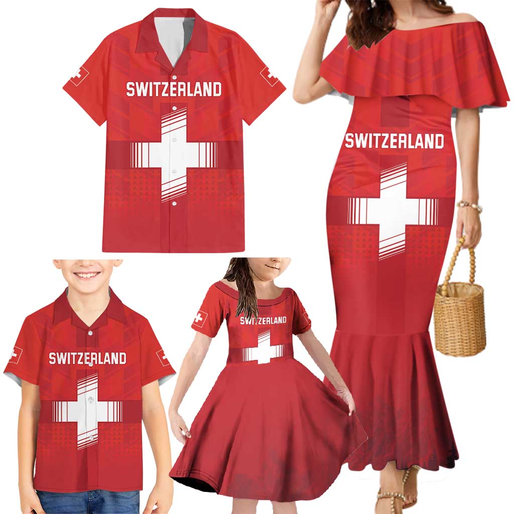 Custom Switzerland Football Family Matching Mermaid Dress and Hawaiian Shirt Red Crosses Go Champions