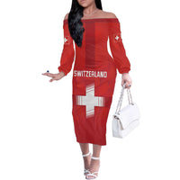 Custom Switzerland Football Family Matching Off The Shoulder Long Sleeve Dress and Hawaiian Shirt Red Crosses Go Champions
