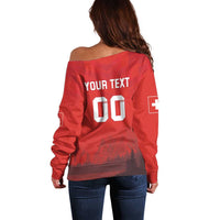 Custom Switzerland Football Off Shoulder Sweater Red Crosses Go Champions