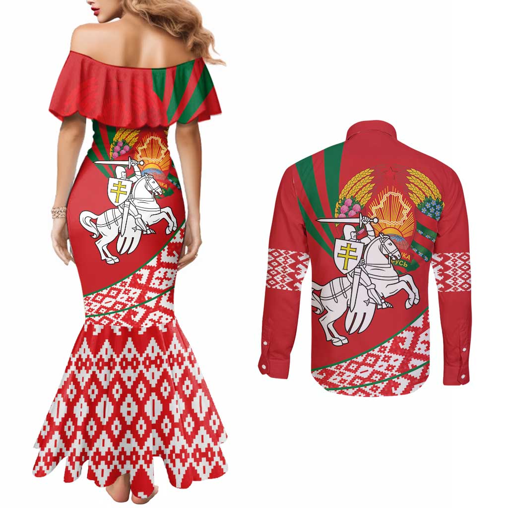 Belarus Pahonia Couples Matching Mermaid Dress and Long Sleeve Button Shirt Belarusian Patterns