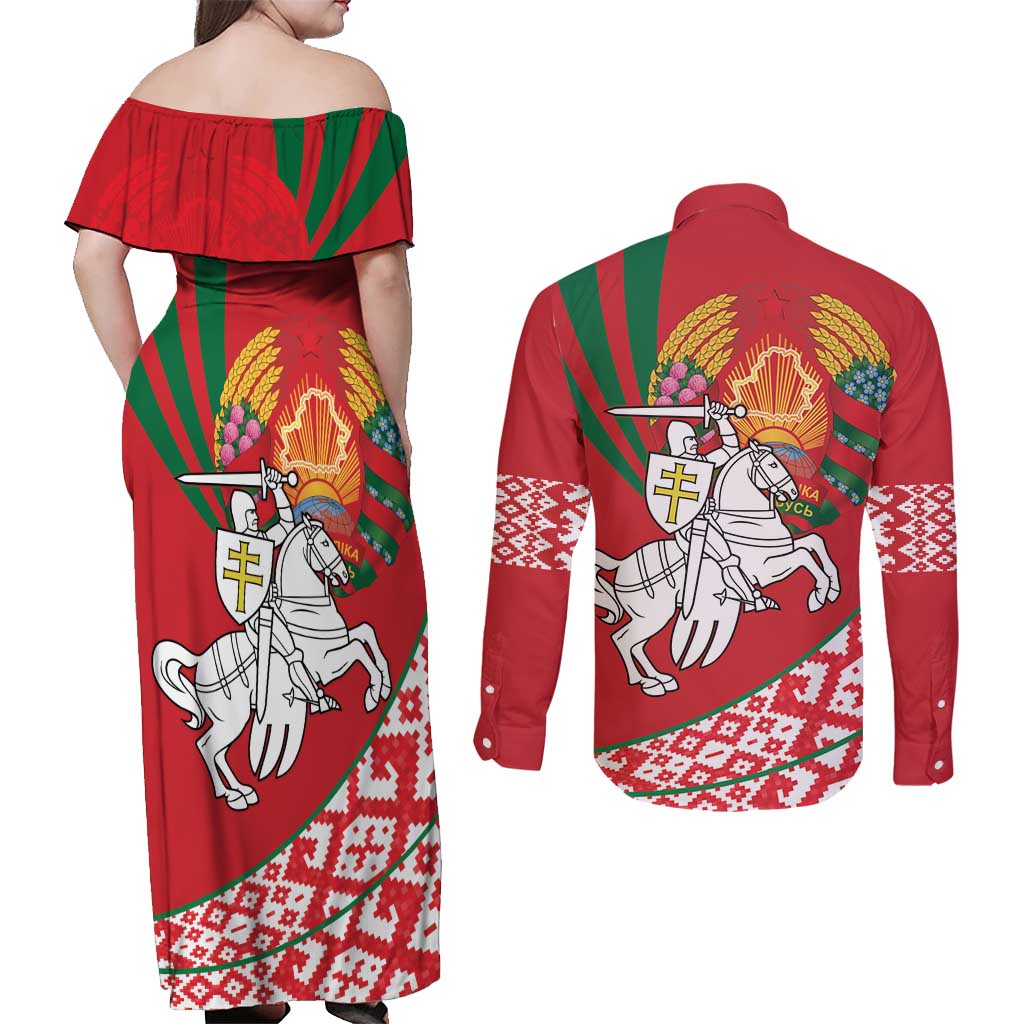 Belarus Pahonia Couples Matching Off Shoulder Maxi Dress and Long Sleeve Button Shirt Belarusian Patterns