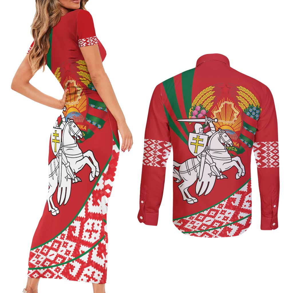 Belarus Pahonia Couples Matching Short Sleeve Bodycon Dress and Long Sleeve Button Shirt Belarusian Patterns