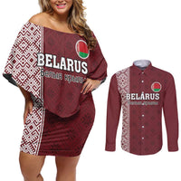 Custom Belarus Football Couples Matching Off Shoulder Short Dress and Long Sleeve Button Shirt The White Wings Red Version