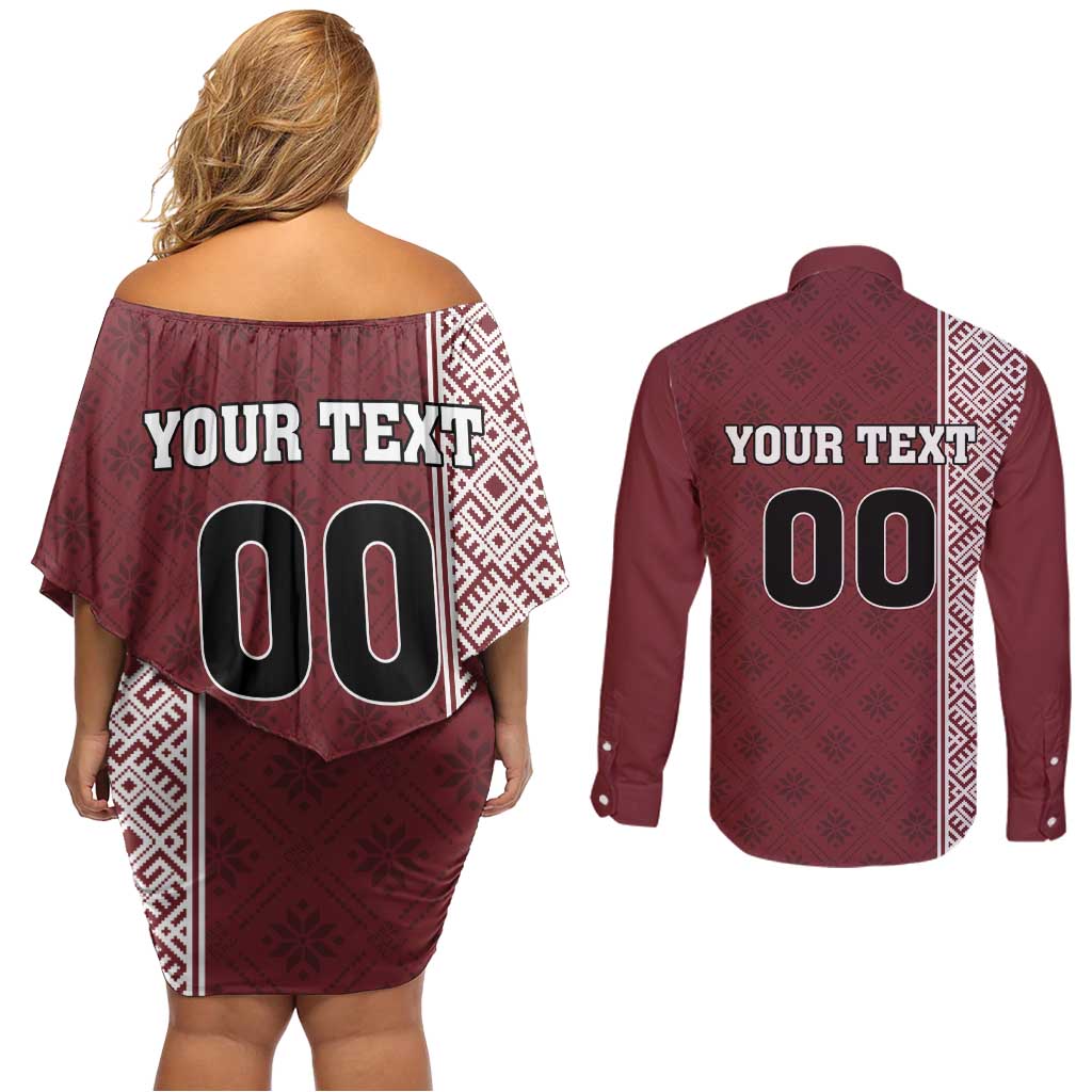Custom Belarus Football Couples Matching Off Shoulder Short Dress and Long Sleeve Button Shirt The White Wings Red Version