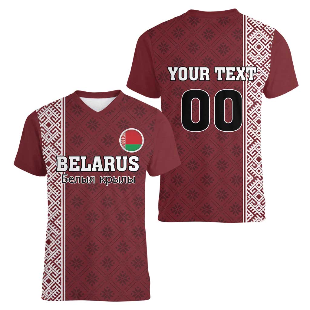 Custom Belarus Football Women V-Neck T-Shirt The White Wings Red Version