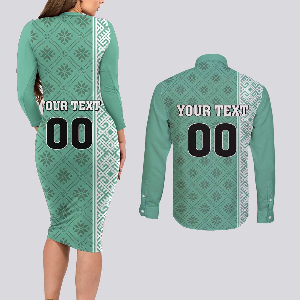 Custom Belarus Football Couples Matching Long Sleeve Bodycon Dress and Long Sleeve Button Shirt The White Wings Green Version