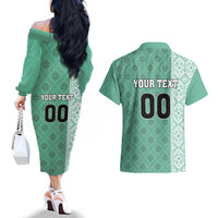 Custom Belarus Football Couples Matching Off The Shoulder Long Sleeve Dress and Hawaiian Shirt The White Wings Green Version