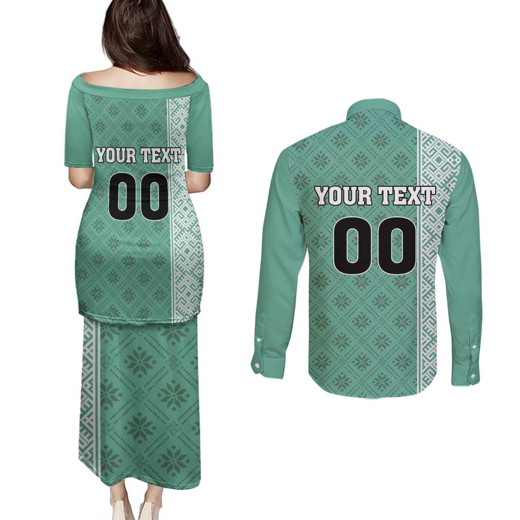 Custom Belarus Football Couples Matching Puletasi and Long Sleeve Button Shirt The White Wings Green Version
