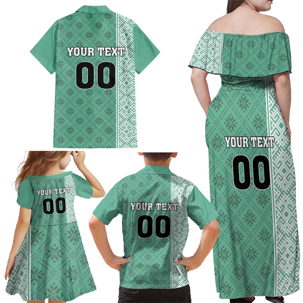 Custom Belarus Football Family Matching Off Shoulder Maxi Dress and Hawaiian Shirt The White Wings Green Version