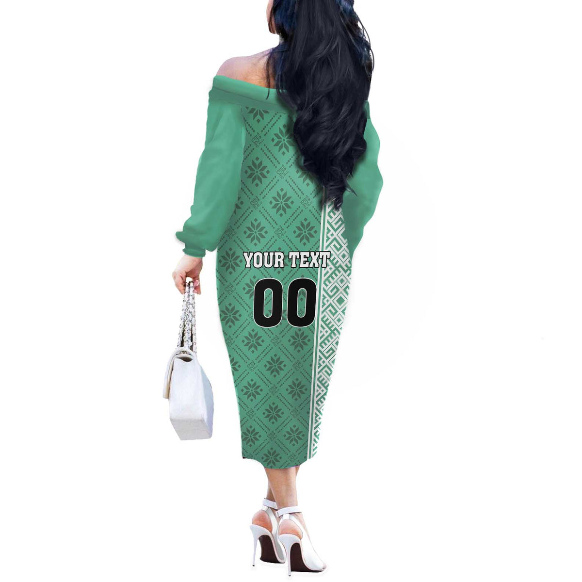 Custom Belarus Football Off The Shoulder Long Sleeve Dress The White Wings Green Version