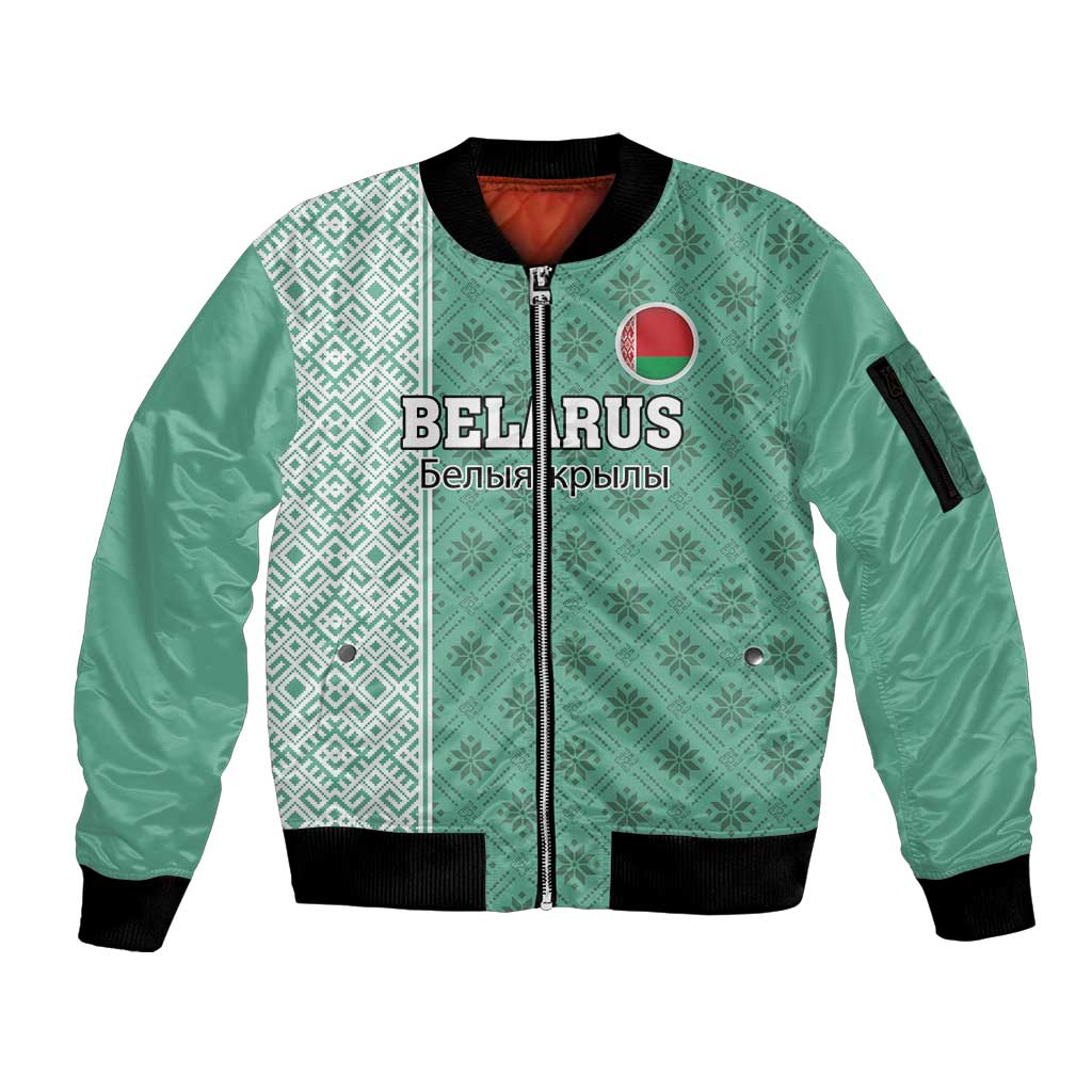 Custom Belarus Football Sleeve Zip Bomber Jacket The White Wings Green Version