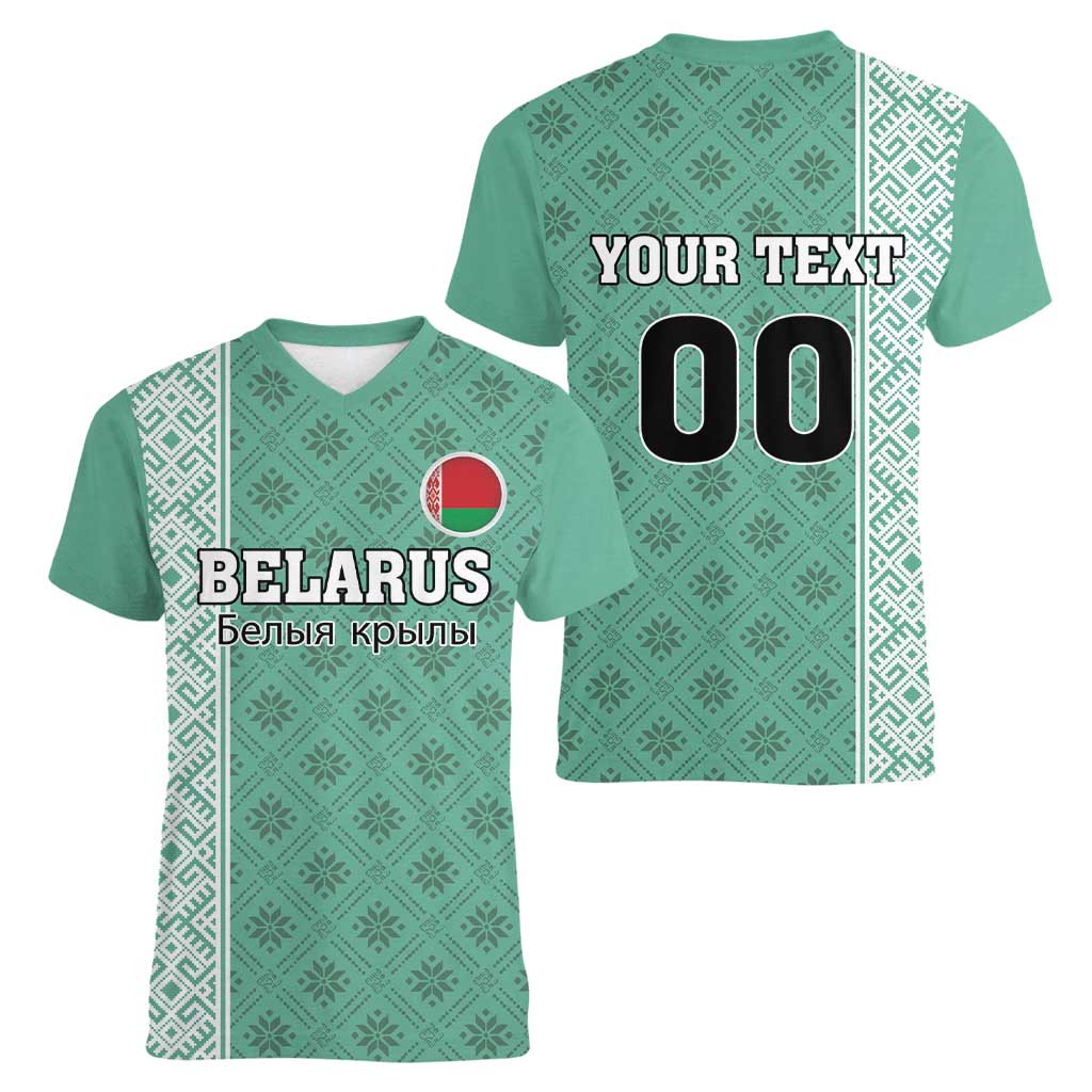 Custom Belarus Football Women V-Neck T-Shirt The White Wings Green Version