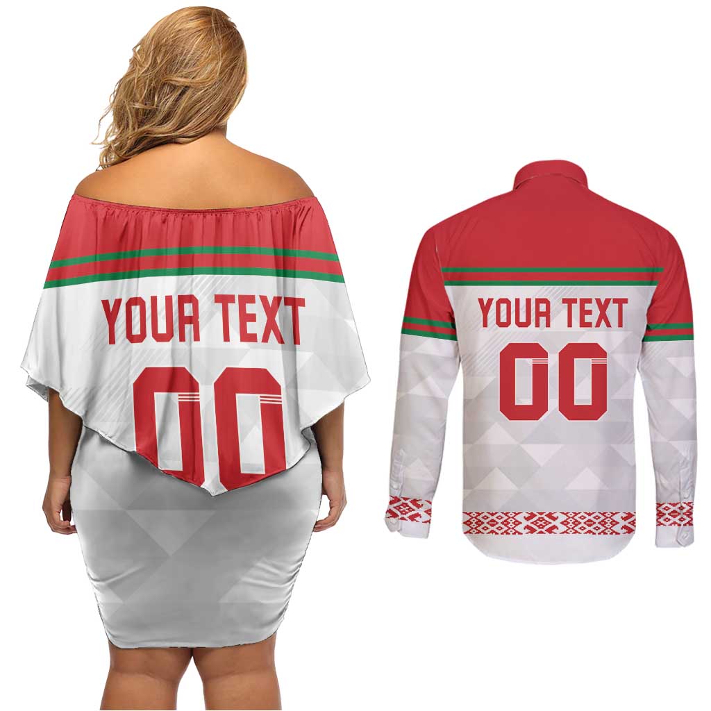 Custom Belarus Ice Hockey Couples Matching Off Shoulder Short Dress and Long Sleeve Button Shirt 2025 Go Bisons White Version