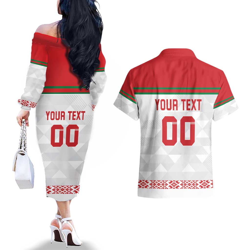 Custom Belarus Ice Hockey Couples Matching Off The Shoulder Long Sleeve Dress and Hawaiian Shirt 2025 Go Bisons White Version