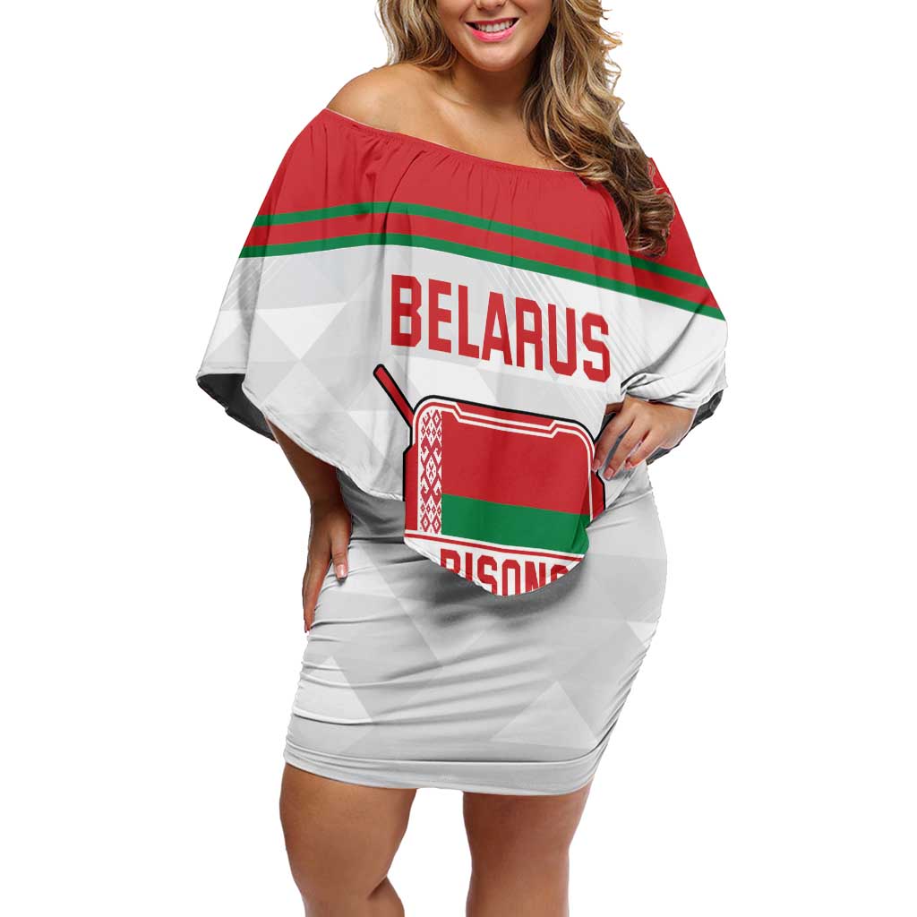Custom Belarus Ice Hockey Family Matching Off Shoulder Short Dress and Hawaiian Shirt 2025 Go Bisons White Version