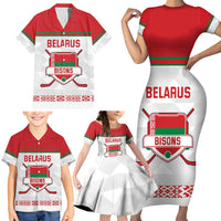 Custom Belarus Ice Hockey Family Matching Short Sleeve Bodycon Dress and Hawaiian Shirt 2025 Go Bisons White Version