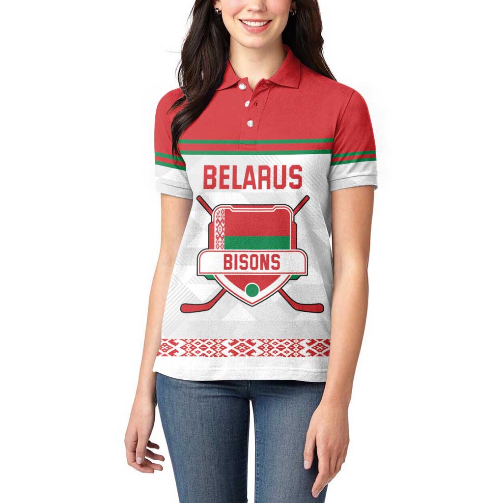 Custom Belarus Ice Hockey Women Polo Shirt 2025 Go Bisons White Version
