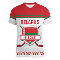 Custom Belarus Ice Hockey Women V-Neck T-Shirt 2025 Go Bisons White Version