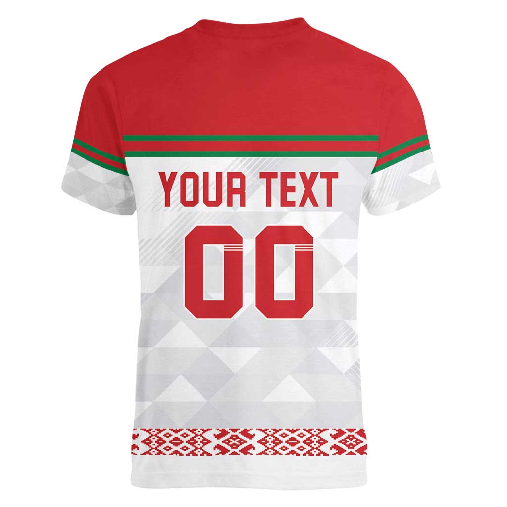 Custom Belarus Ice Hockey Women V-Neck T-Shirt 2025 Go Bisons White Version