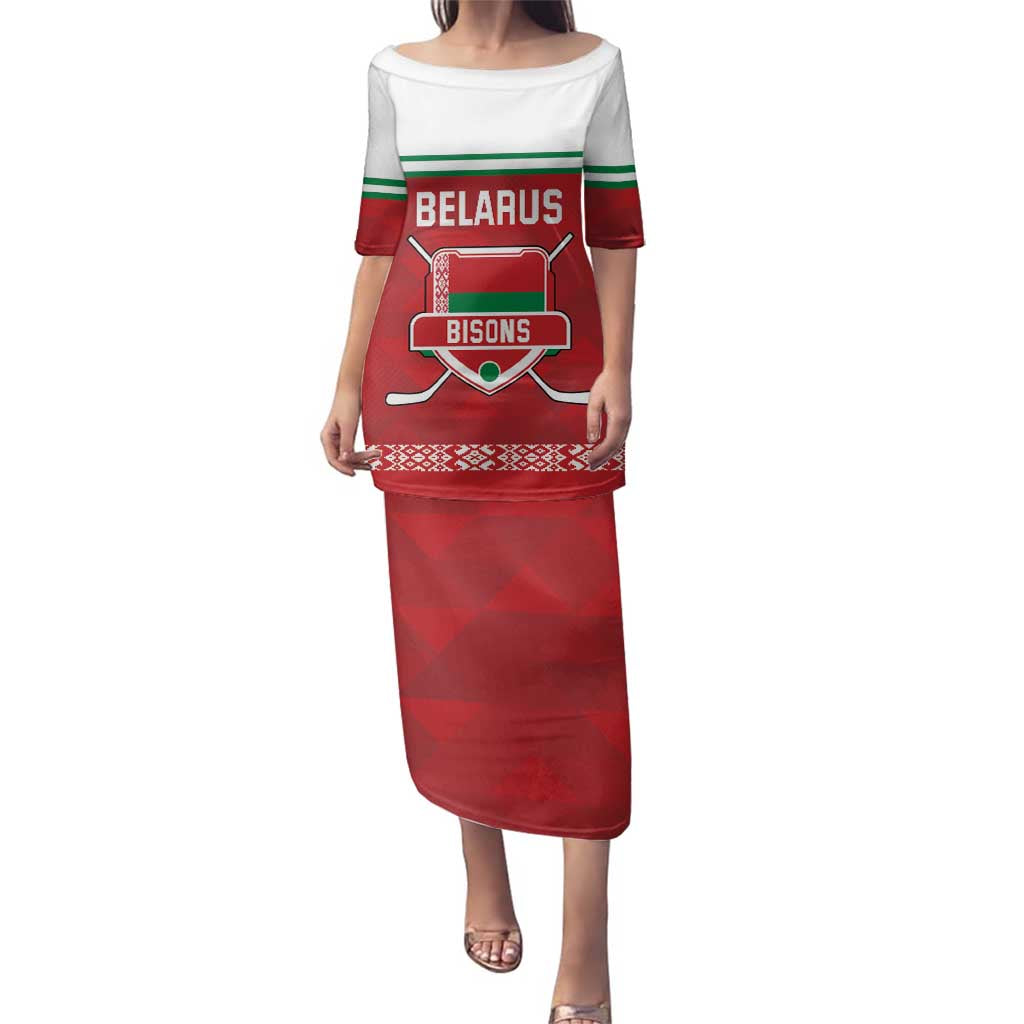 Custom Belarus Ice Hockey Family Matching Puletasi and Hawaiian Shirt 2025 Go Bisons Red Version