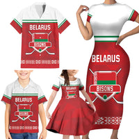 Custom Belarus Ice Hockey Family Matching Short Sleeve Bodycon Dress and Hawaiian Shirt 2025 Go Bisons Red Version