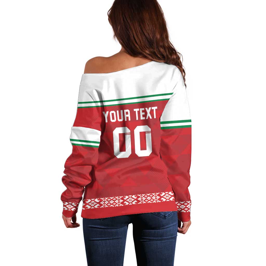 Custom Belarus Ice Hockey Off Shoulder Sweater 2025 Go Bisons Red Version