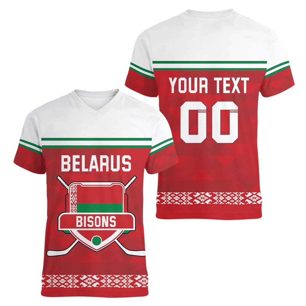 Custom Belarus Ice Hockey Women V-Neck T-Shirt 2025 Go Bisons Red Version