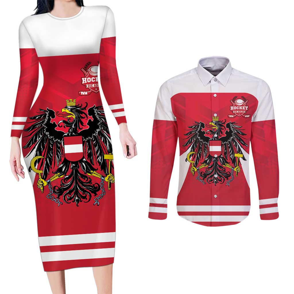 Custom Austria Hockey Couples Matching Long Sleeve Bodycon Dress and Long Sleeve Button Shirt Die Adler Go Champions