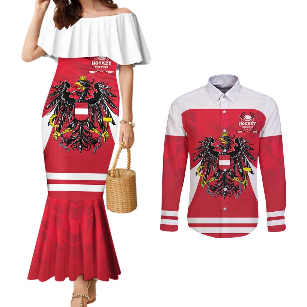 Custom Austria Hockey Couples Matching Mermaid Dress and Long Sleeve Button Shirt Die Adler Go Champions
