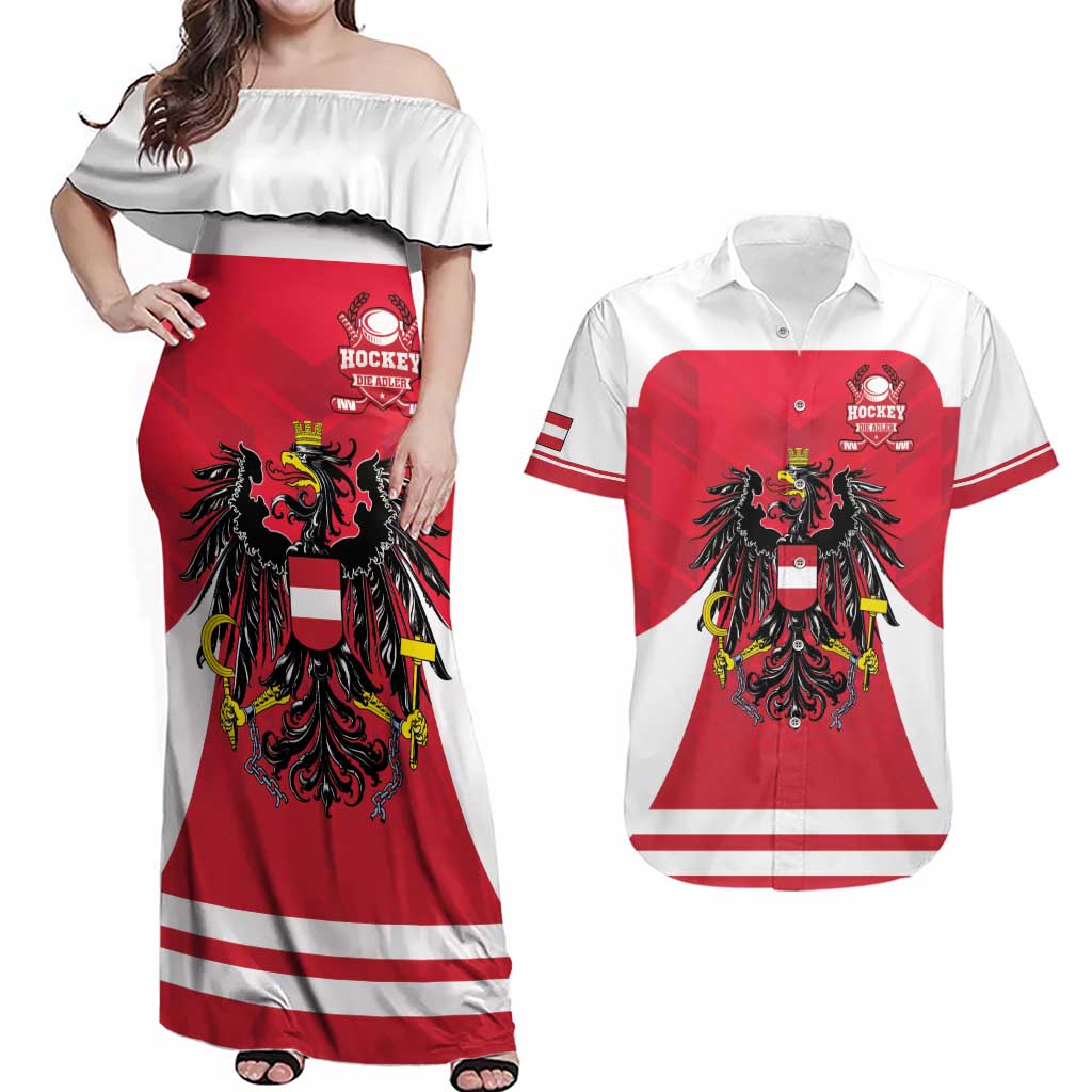 Custom Austria Hockey Couples Matching Off Shoulder Maxi Dress and Hawaiian Shirt Die Adler Go Champions