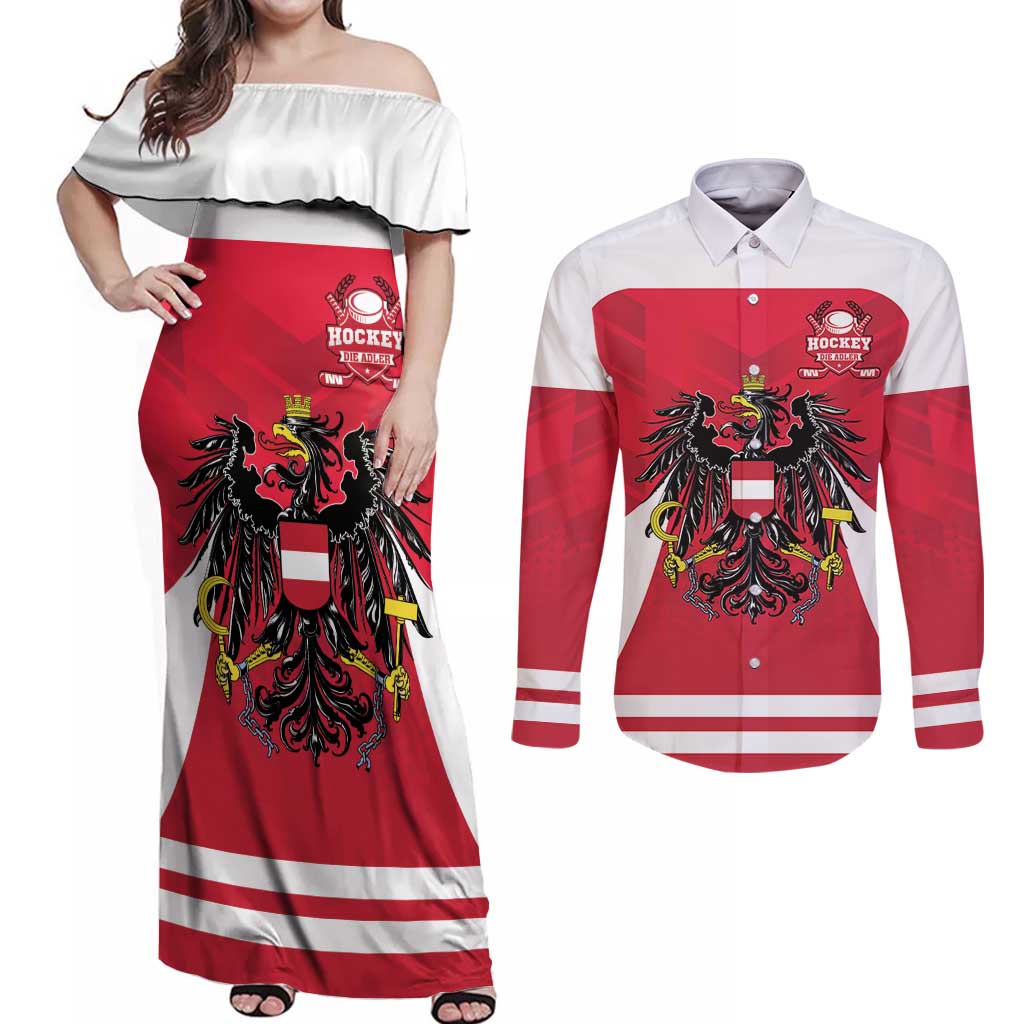 Custom Austria Hockey Couples Matching Off Shoulder Maxi Dress and Long Sleeve Button Shirt Die Adler Go Champions