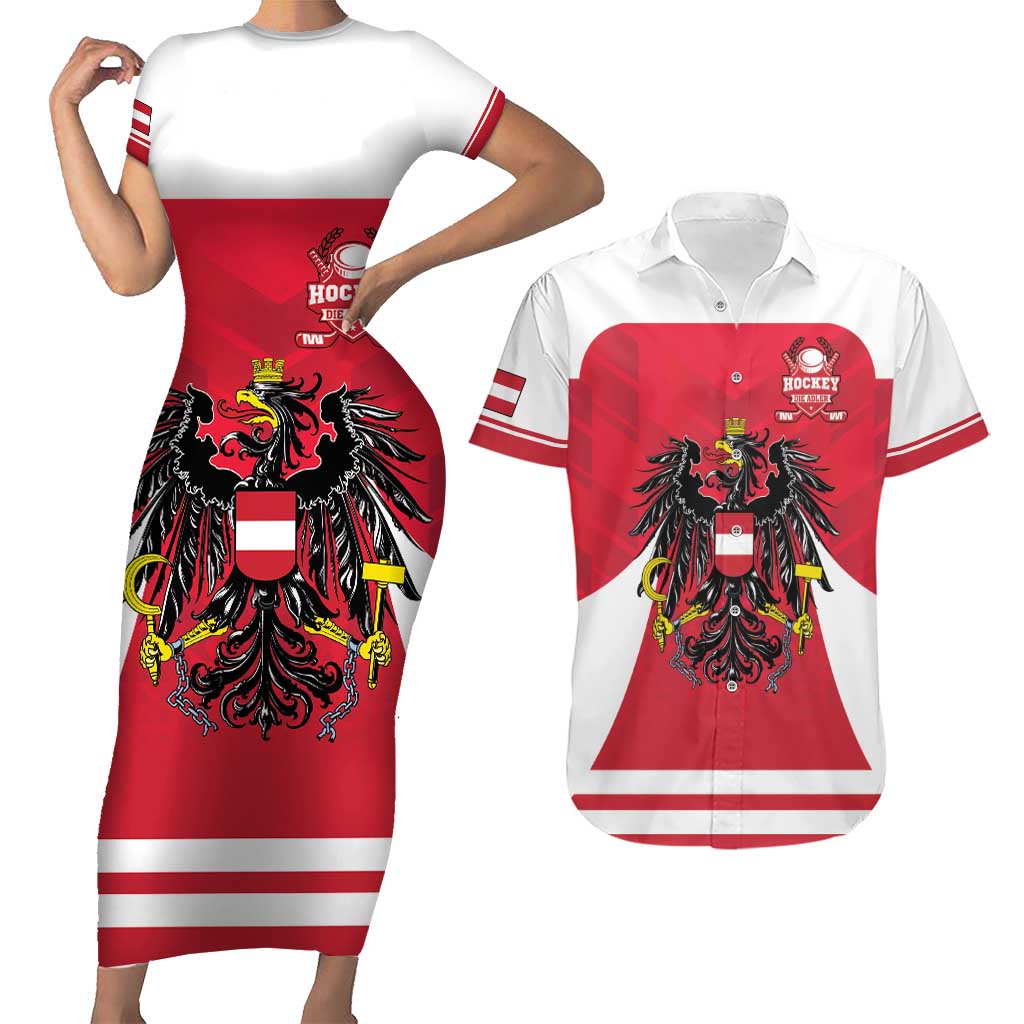 Custom Austria Hockey Couples Matching Short Sleeve Bodycon Dress and Hawaiian Shirt Die Adler Go Champions