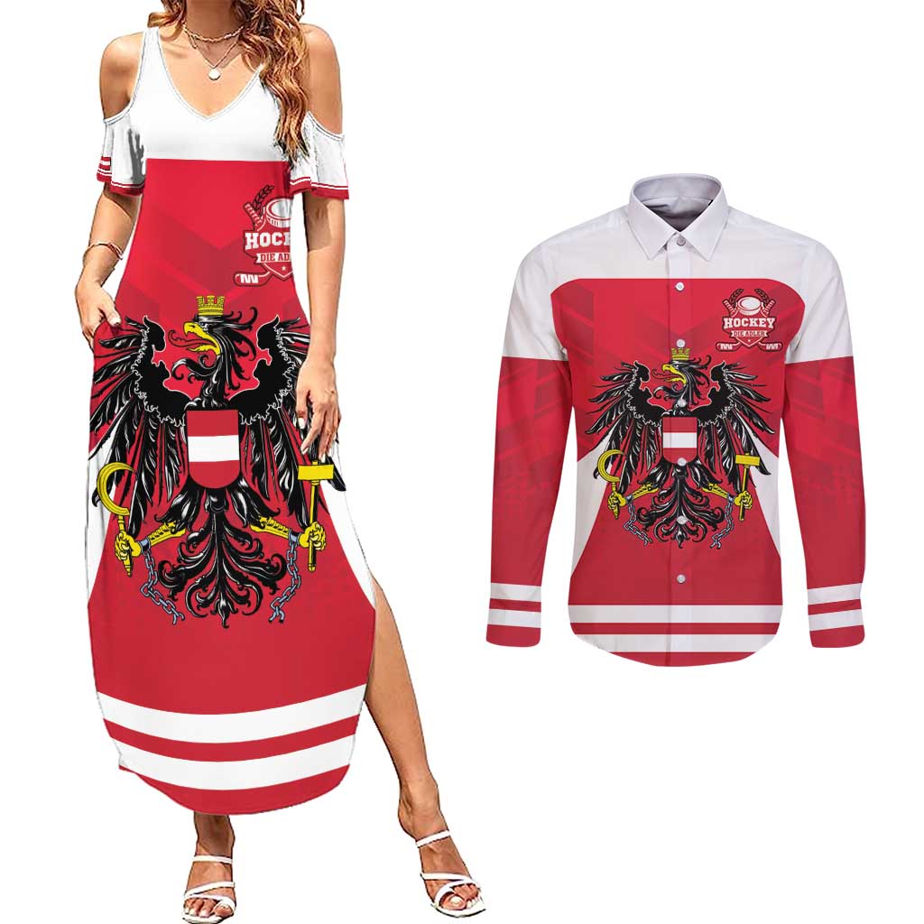 Custom Austria Hockey Couples Matching Summer Maxi Dress and Long Sleeve Button Shirt Die Adler Go Champions