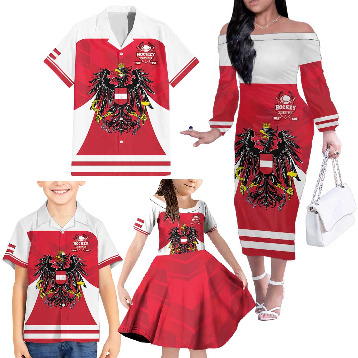 Custom Austria Hockey Family Matching Off The Shoulder Long Sleeve Dress and Hawaiian Shirt Die Adler Go Champions