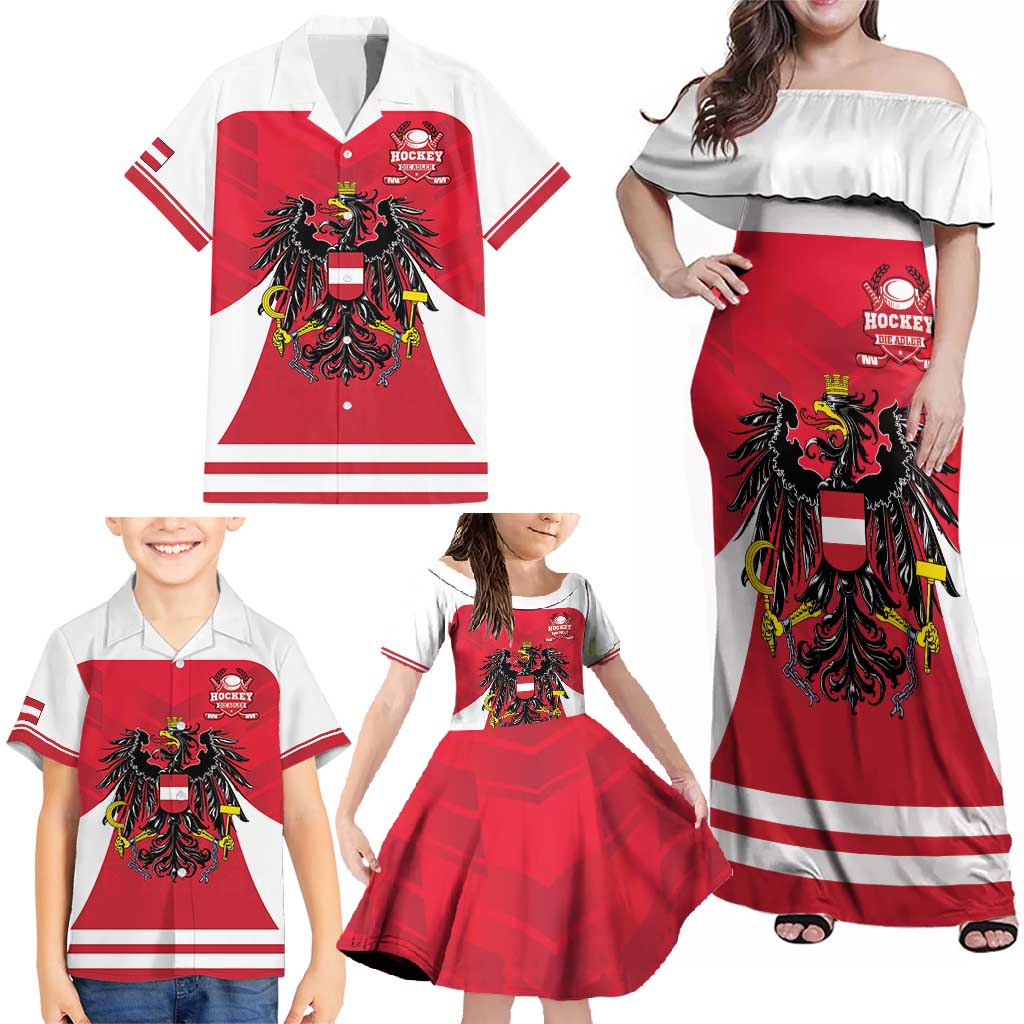 Custom Austria Hockey Family Matching Off Shoulder Maxi Dress and Hawaiian Shirt Die Adler Go Champions