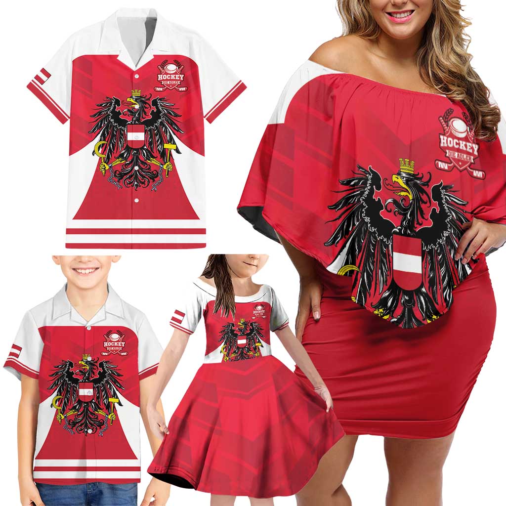 Custom Austria Hockey Family Matching Off Shoulder Short Dress and Hawaiian Shirt Die Adler Go Champions