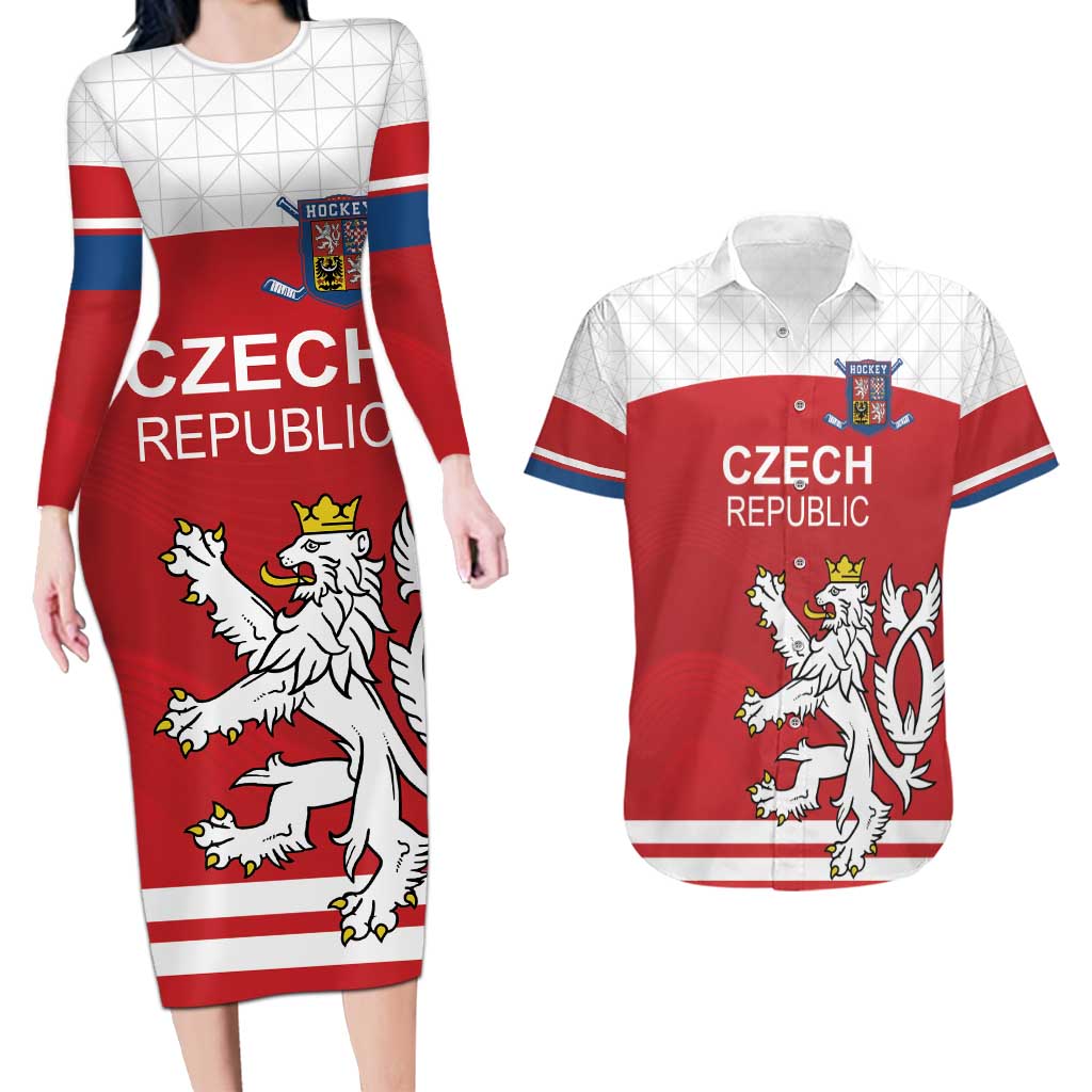 Custom Czech Republic Hockey Couples Matching Long Sleeve Bodycon Dress and Hawaiian Shirt Czech Lion