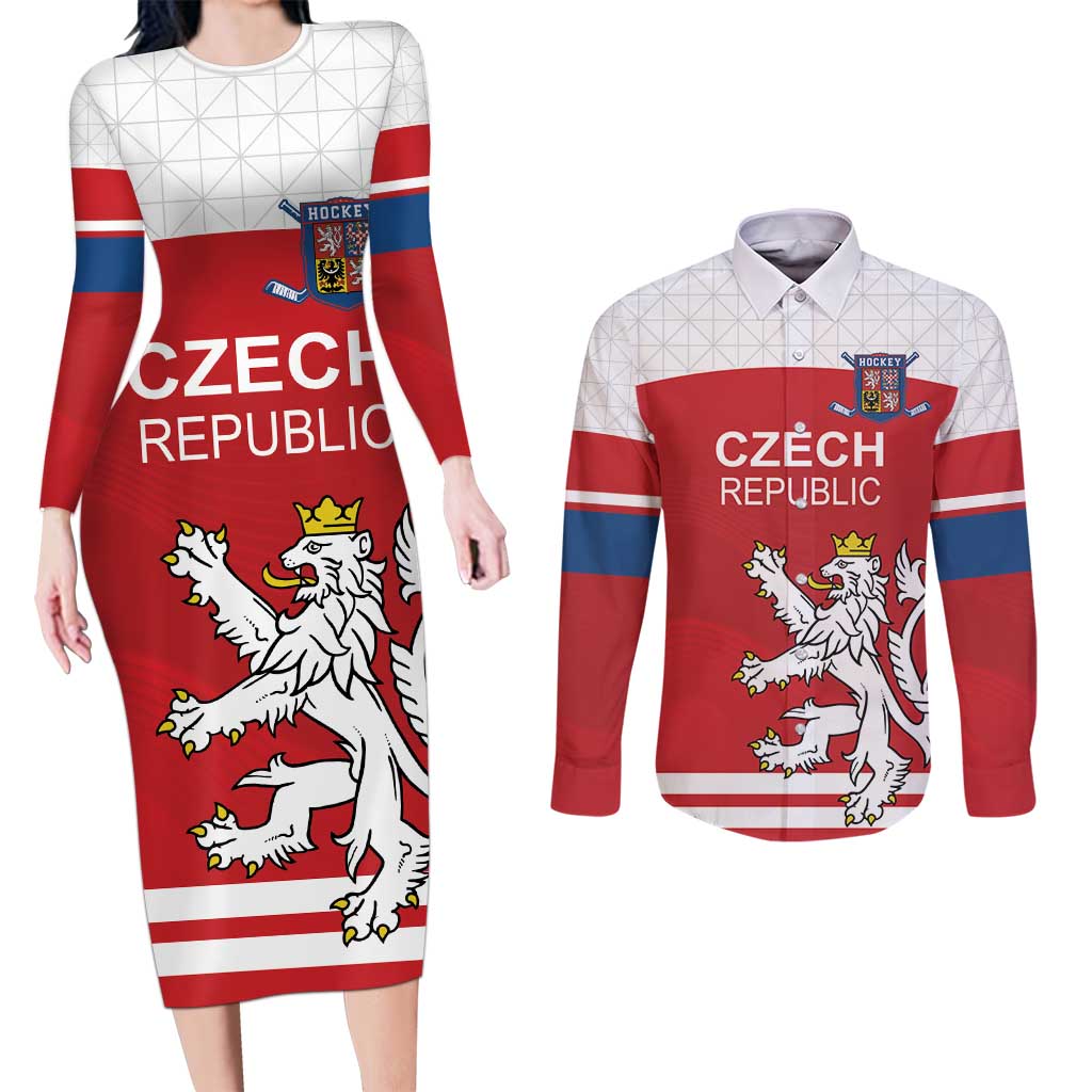 Custom Czech Republic Hockey Couples Matching Long Sleeve Bodycon Dress and Long Sleeve Button Shirt Czech Lion