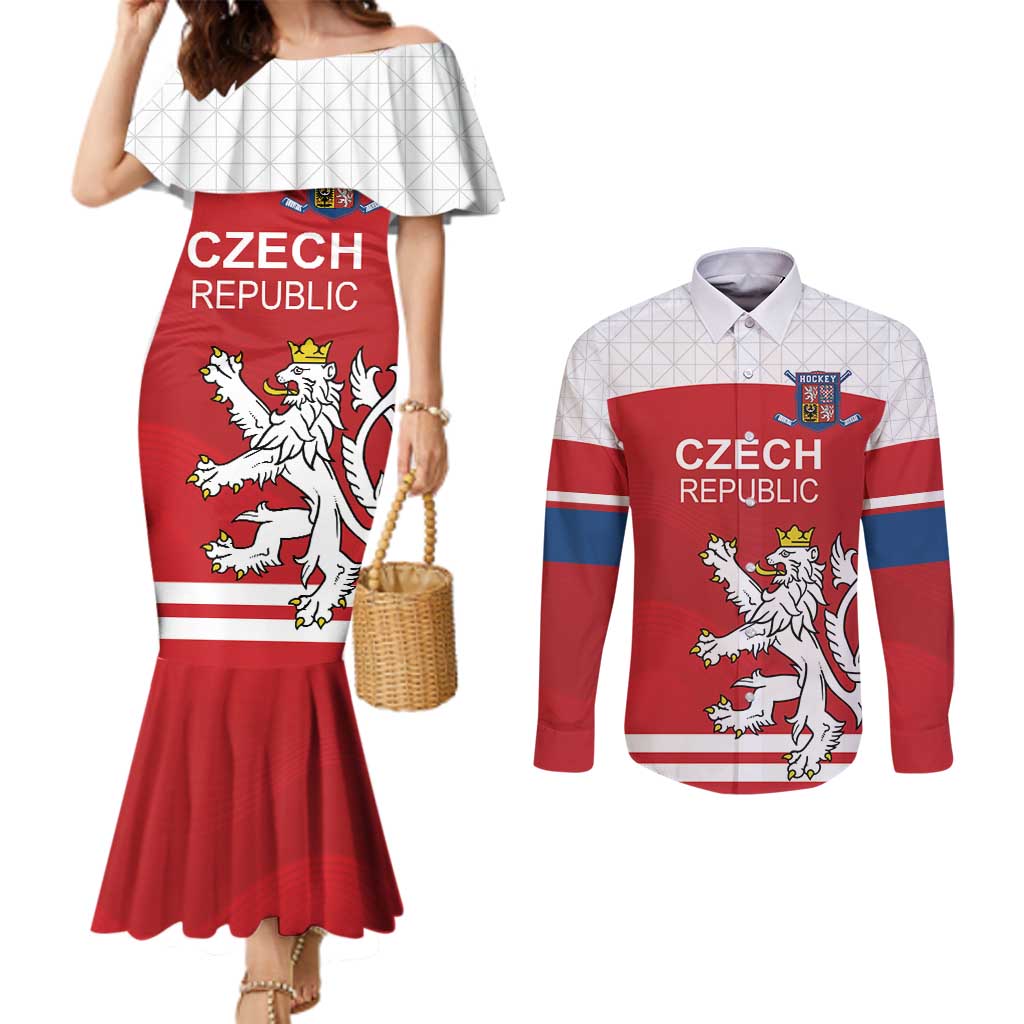Custom Czech Republic Hockey Couples Matching Mermaid Dress and Long Sleeve Button Shirt Czech Lion